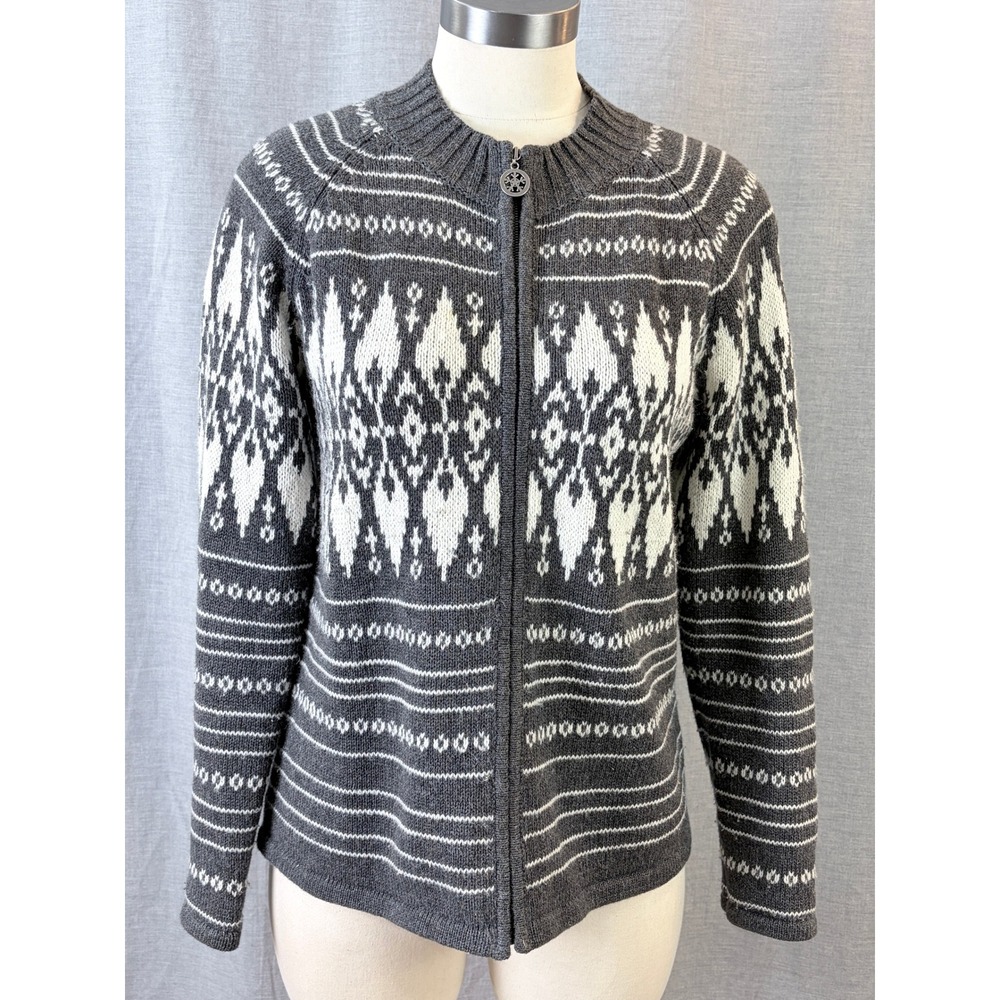 Villager Sport Petite Grey White Nordic Fair Isle Zip Up Sweater Jacket Women PM